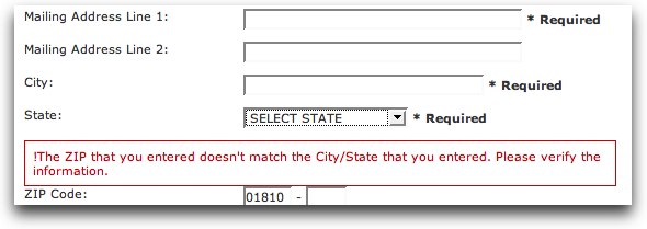 Form con la scritta: !The ZIP that you entered doesn’t match the City/State you entered. Please verify the information.