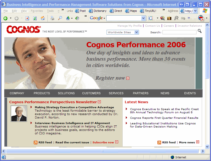 Click to see the Cognos.com Home Page in a Window