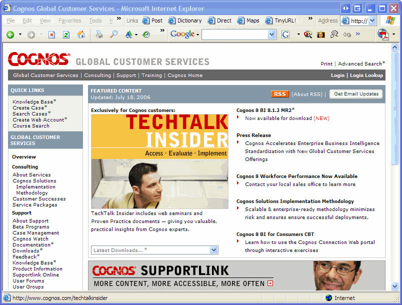 Click to see the Cognos Support Home Page in a Window